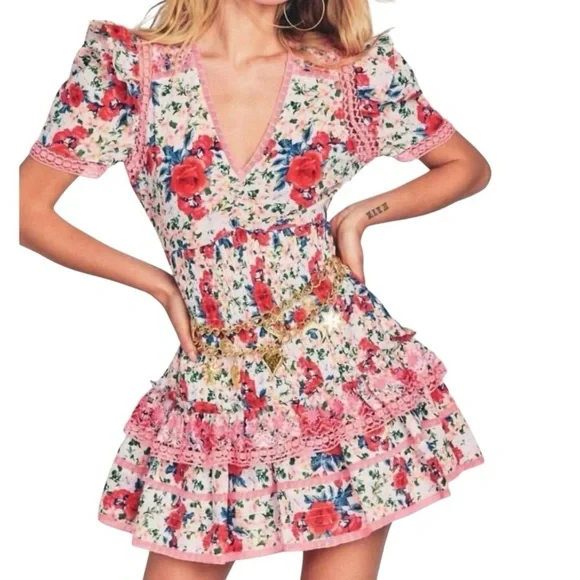 LoveShackFancy Rena Rose Floral Ruffle Mini Dress in Rush of Red Women’s Medium - Picture 2 of 16